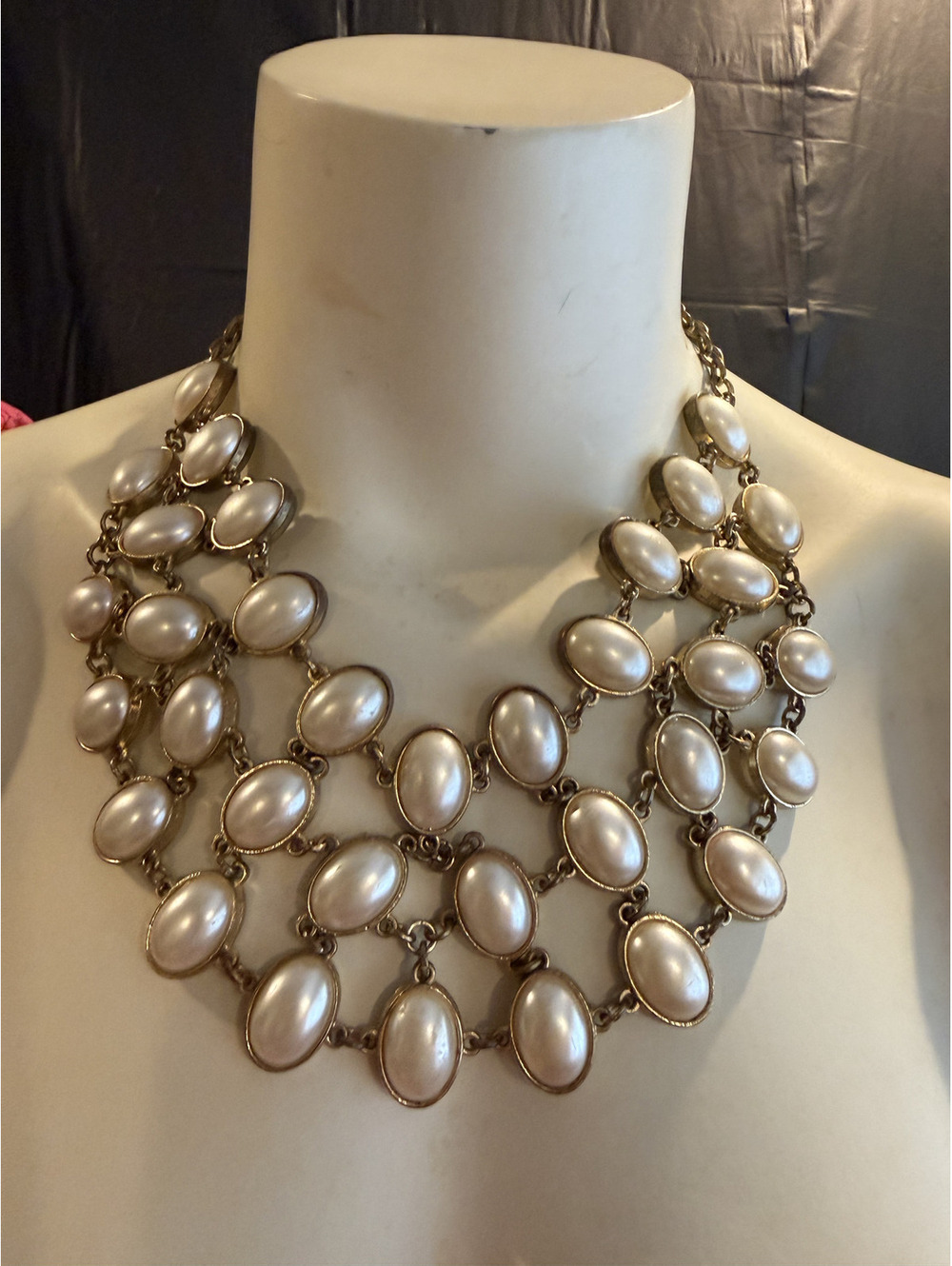 Elegant Multi-Strand Pearl Statement Necklace oval shape gold tone chain vintage